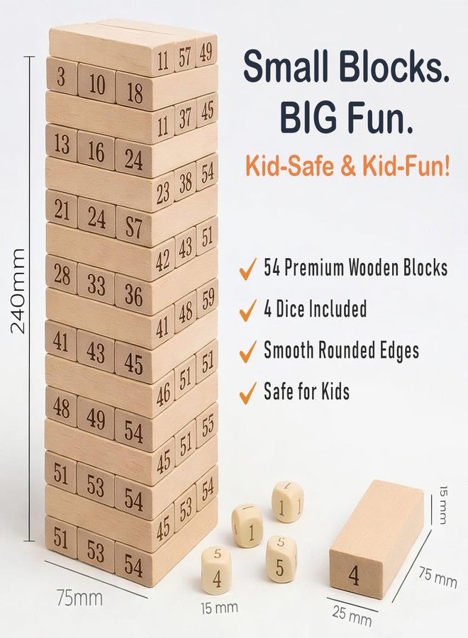 beebox Toy 54 Pcs Wooden Tumbling Tower Game | Classic Stacking & Balancing Blocks Toy for Kids & Adults | Indoor Family & Party Game | Brain Teaser Educational Toy for Boys & Girls - Image 3
