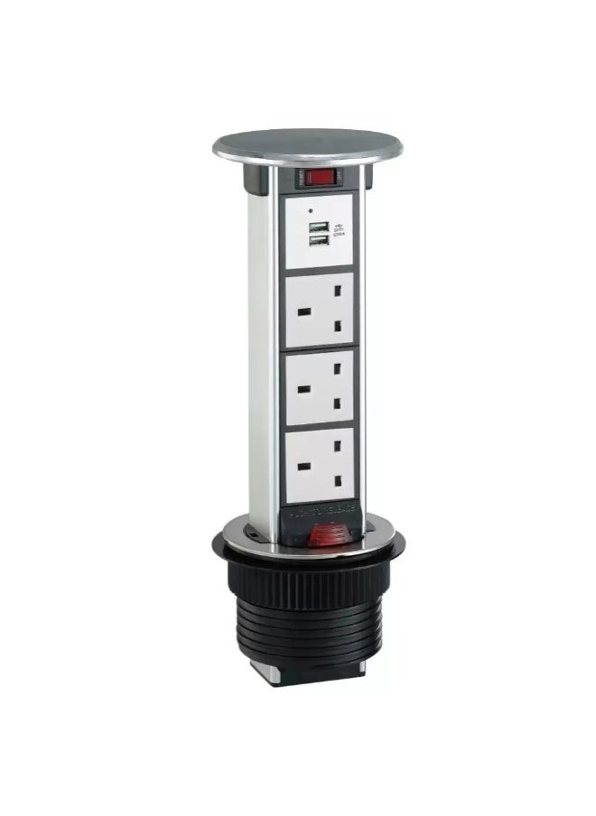 Elitco Elitco - IP54 Under Counter Socket Box, Vertical Pop-Up Socket 3xF5M 13A and Dual F21 Port USB Charger with 2 Meter Wire & Overload Protection Switch 