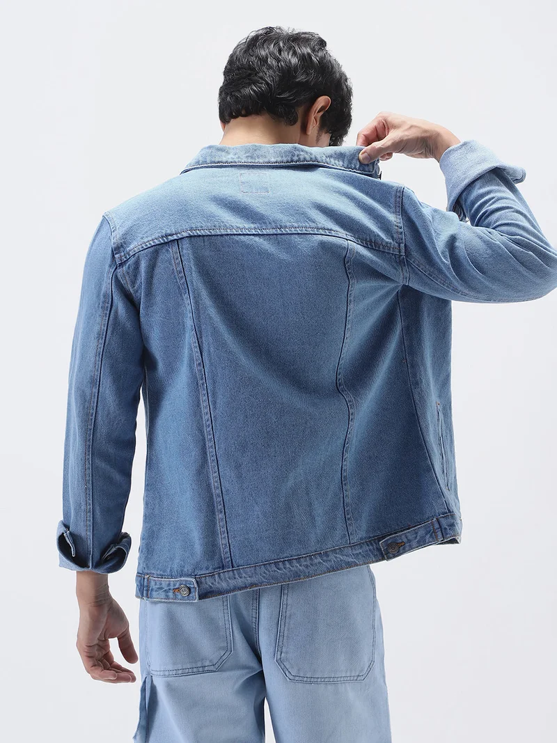 Urbano Fashion  Urbano Fashion Men's Light Blue Solid Regular Fit Washed Full Sleeve Denim Jacket for Men | Best Price UAE