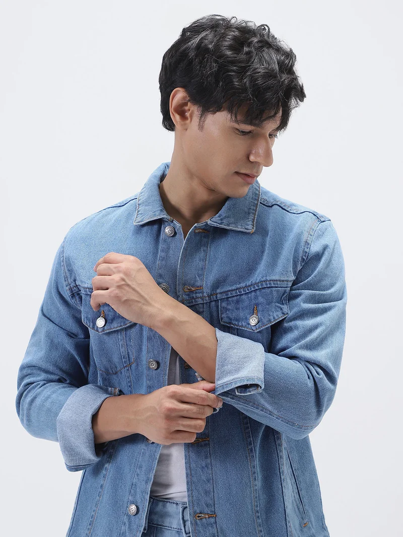 Urbano Fashion  Urbano Fashion Men's Light Blue Solid Regular Fit Washed Full Sleeve Denim Jacket for Men | Best Price UAE
