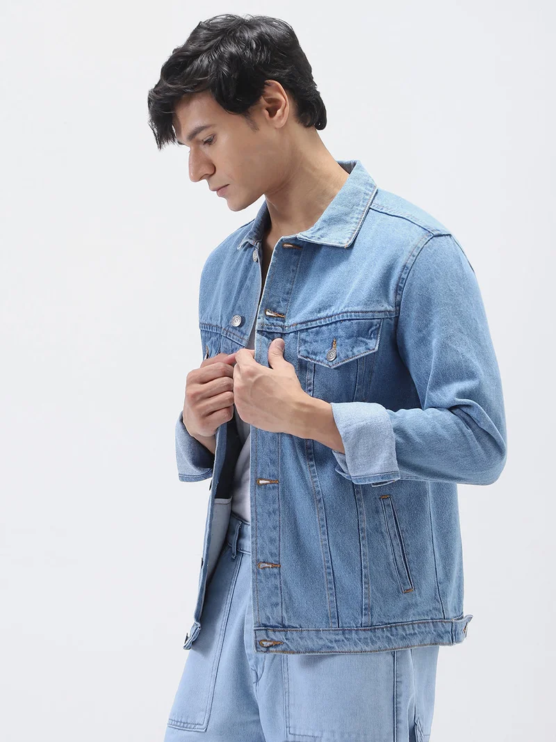 Urbano Fashion  Urbano Fashion Men's Light Blue Solid Regular Fit Washed Full Sleeve Denim Jacket for Men | Best Price UAE