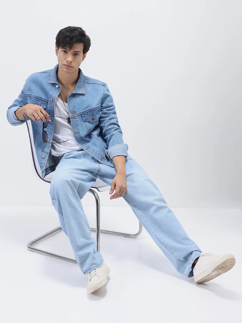 Urbano Fashion  Urbano Fashion Men's Light Blue Solid Regular Fit Washed Full Sleeve Denim Jacket for Men | Best Price UAE