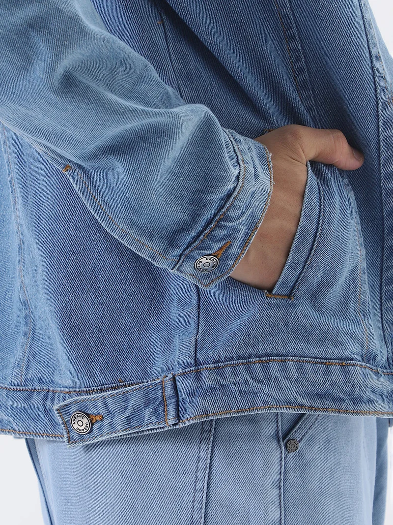 Urbano Fashion  Urbano Fashion Men's Light Blue Solid Regular Fit Washed Full Sleeve Denim Jacket for Men | Best Price UAE