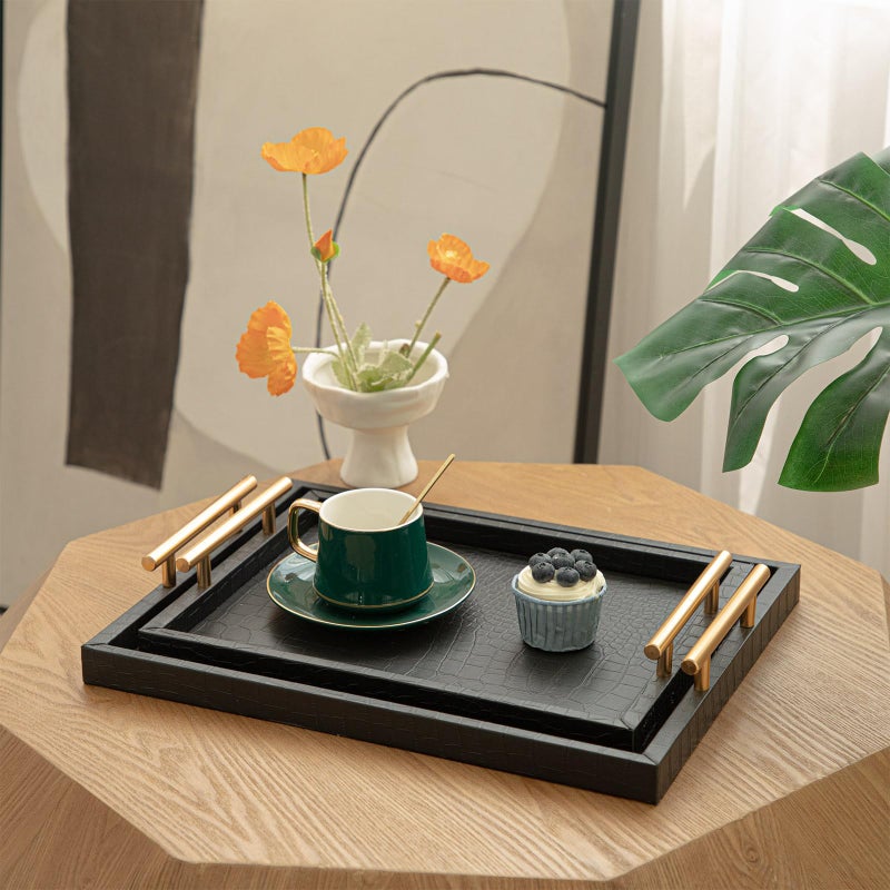 MACVAD Set of 2 Modern Elegant Large Wood Serving Tray, Rectangle Decorative Tray Ottoman Tay Coffee Table Tray, Black Crocodile Leather with Gold Polished Metal Handles - Image 2