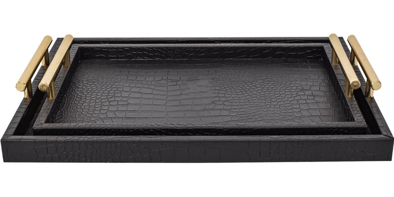 MACVAD Set of 2 Modern Elegant Large Wood Serving Tray, Rectangle Decorative Tray Ottoman Tay Coffee Table Tray, Black Crocodile Leather with Gold Polished Metal Handles - Image 1