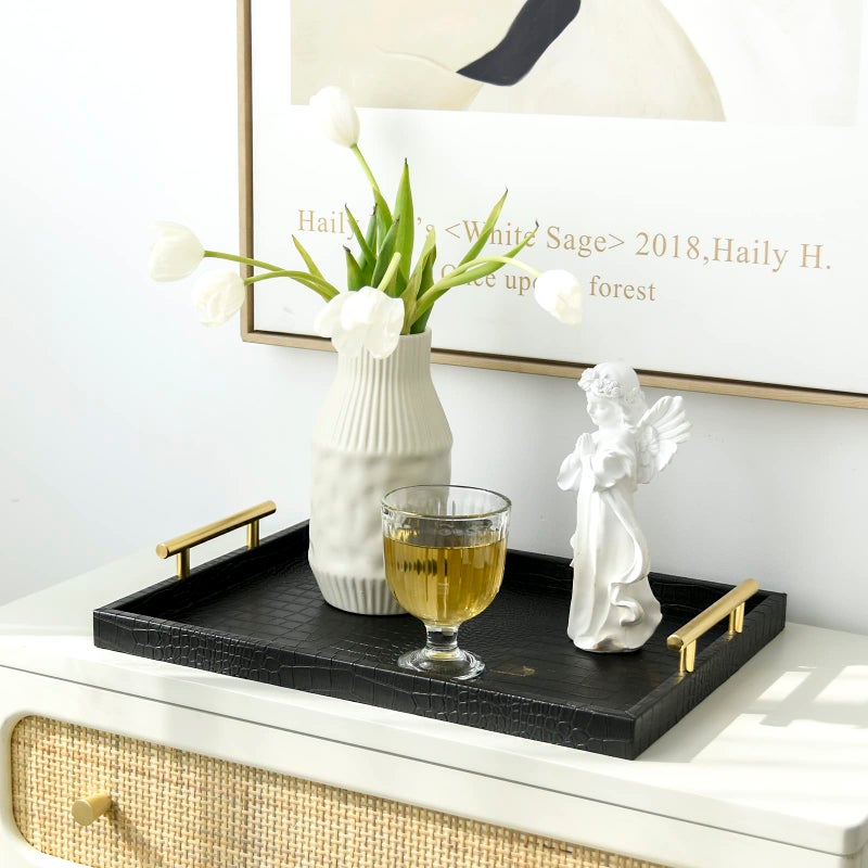 MACVAD Set of 2 Modern Elegant Large Wood Serving Tray, Rectangle Decorative Tray Ottoman Tay Coffee Table Tray, Black Crocodile Leather with Gold Polished Metal Handles - Image 4