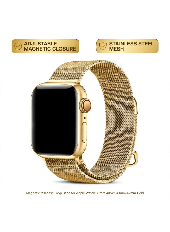 ELTRAZONE Magnetic Milanese Loop Band for Apple Watch Series 11 10 9 8 7 6 5 4 3 2 1 & SE 3 2 1, Stainless Steel Mesh Replacement Strap with Adjustable Magnetic Closure, 38mm 40mm 41mm 42mm Wristband, Gold - Image 1