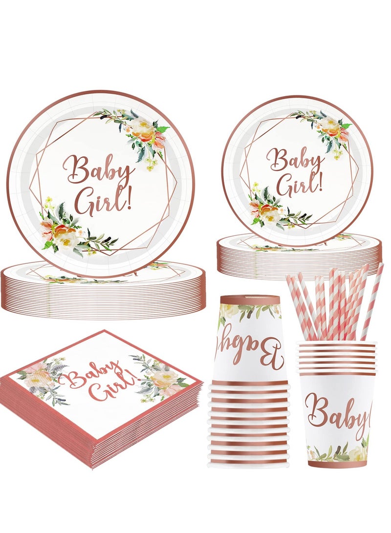 SYOSI Baby Shower Party Plates Cups and Napkins, 120 Pieces Party Paper Tableware Set Pink Baby Girl Disposable Plates for Girls Birthday Party, Baby Shower, Party Floral Decoration(24 Guests)  - Image 1