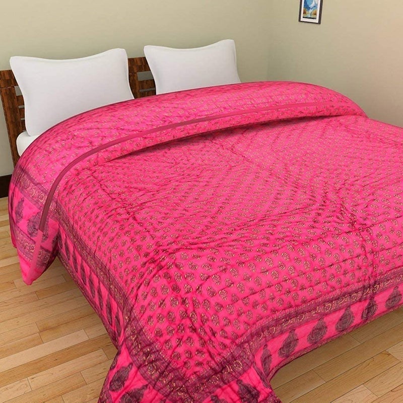 Lilfly Rajasthani Traditional Light Weight Pure Cotton Single Bed Soft Jaipuri AC Quilt/Razai with Gold Block dabu/bagru Print Quilts Blankets for Home (Size 85 X 55 inch) - Image 3