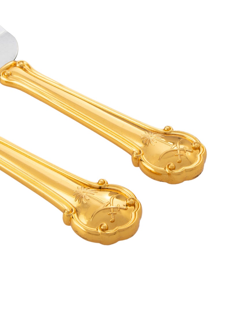 Dania A set for cutting cakes and sweets, consisting of a shovel and a golden knife, decorated with two swords and a palm tree  - Image 2