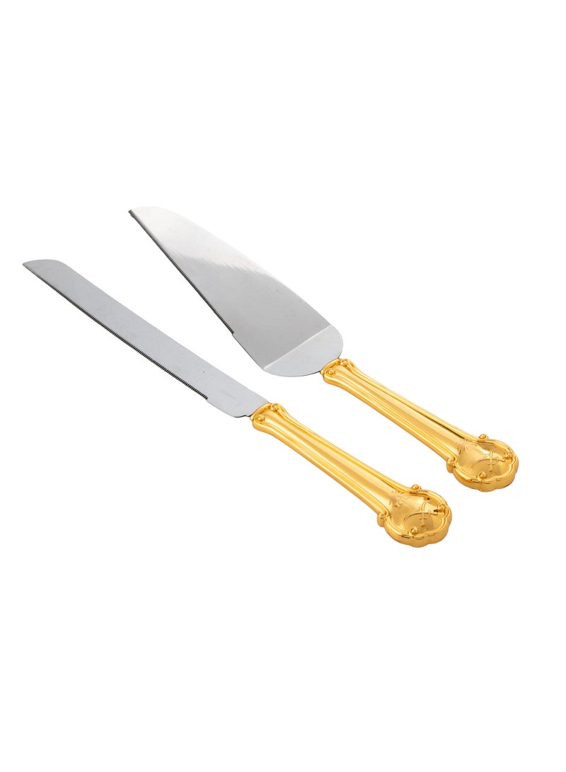 Dania A set for cutting cakes and sweets, consisting of a shovel and a golden knife, decorated with two swords and a palm tree  - Image 1