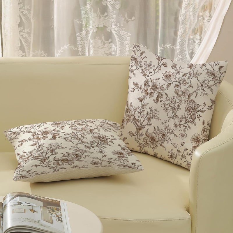 GOLIANDA Brown Pillow Covers 16x16 Set of 2 Brown and Cream Floral Chinoiserie Throw Pillows Vintage Rustic Toile Flower Decorative Pillow Cases Outdoor Chinoiserie Decor Cushion Case for Couch Sofa - Image 5