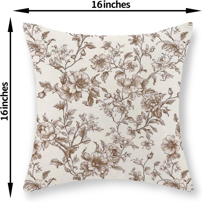 GOLIANDA Brown Pillow Covers 16x16 Set of 2 Brown and Cream Floral Chinoiserie Throw Pillows Vintage Rustic Toile Flower Decorative Pillow Cases Outdoor Chinoiserie Decor Cushion Case for Couch Sofa - Image 2