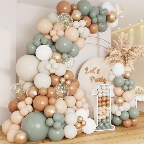 DBKL Dusty Green Nude Balloon Garland Arch Kit Cream White Sand Sage Green Brown Gold Confetti Balloons for Baby Shower Wedding Birthday Gender Reveal Gender Reveal Party Decorations - Image 1
