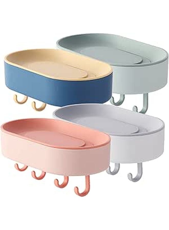 4Pcs Adhesive Soap Dish Holder With Hooks Wall Mounted For Bathroom Kitchen - Image 1