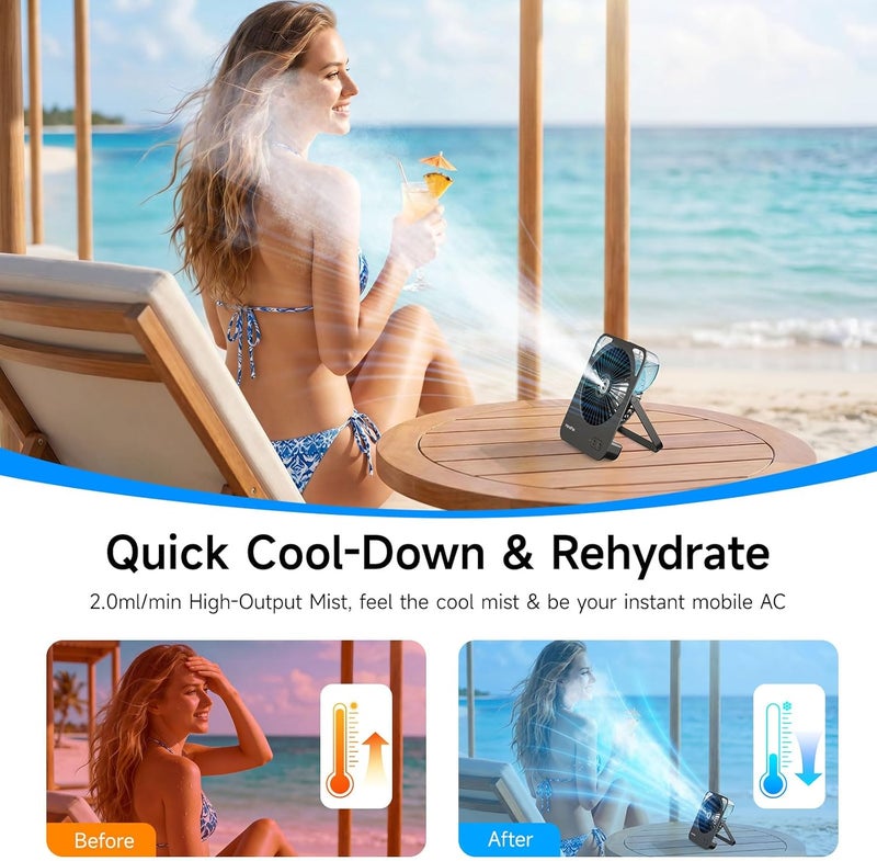 HandFan 4000mAh Portable Desk Misting Fan, 180° Foldable Travel Fan Rechargeable, Small Personal Mist Fans Battery Powered, Cooling Table Fans for Home Office Travel Beach Cruise Outdoors(Black) - Image 2
