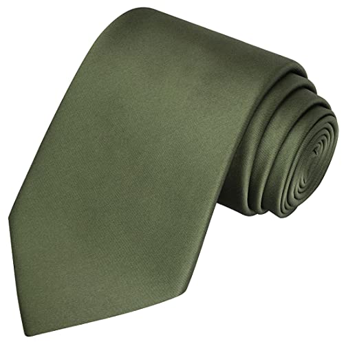 KissTies Mens Olive Green Tie Solid Satin Necktie Wedding Formal Ties + Gift Box - Image 1