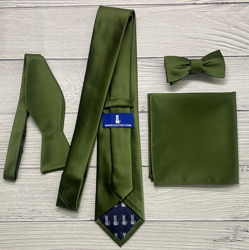 KissTies Mens Olive Green Tie Solid Satin Necktie Wedding Formal Ties + Gift Box - Image 2
