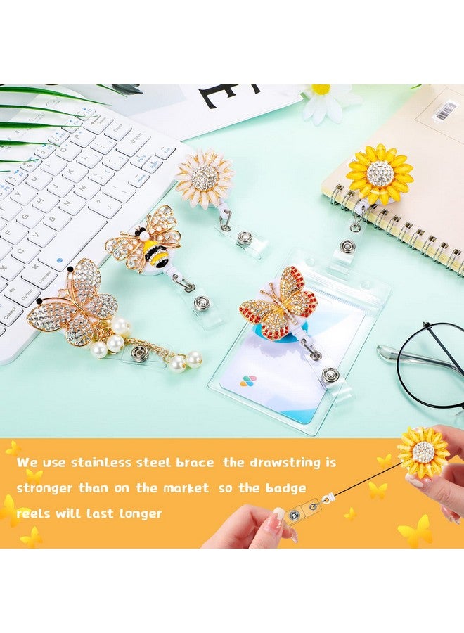 Chinco 6 Pcs Rhinestone Retractable Nurse Id Badge Reel Holder With Clip Cute Bling Butterfly Bee Sunflower Animals Flower Name Badge Reel For Volunteer Doctors Teachers Students(Beautiful Style) - Image 4