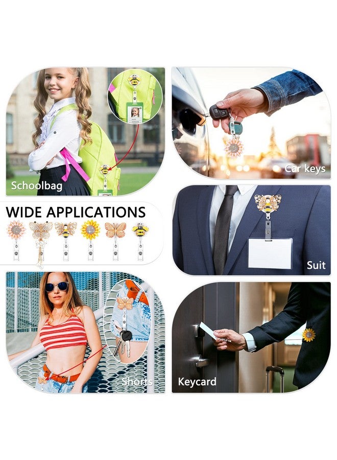 Chinco 6 Pcs Rhinestone Retractable Nurse Id Badge Reel Holder With Clip Cute Bling Butterfly Bee Sunflower Animals Flower Name Badge Reel For Volunteer Doctors Teachers Students(Beautiful Style) - Image 5