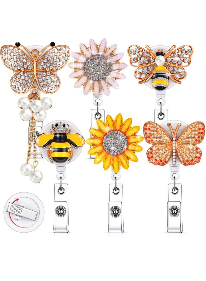 Chinco 6 Pcs Rhinestone Retractable Nurse Id Badge Reel Holder With Clip Cute Bling Butterfly Bee Sunflower Animals Flower Name Badge Reel For Volunteer Doctors Teachers Students(Beautiful Style) - Image 1