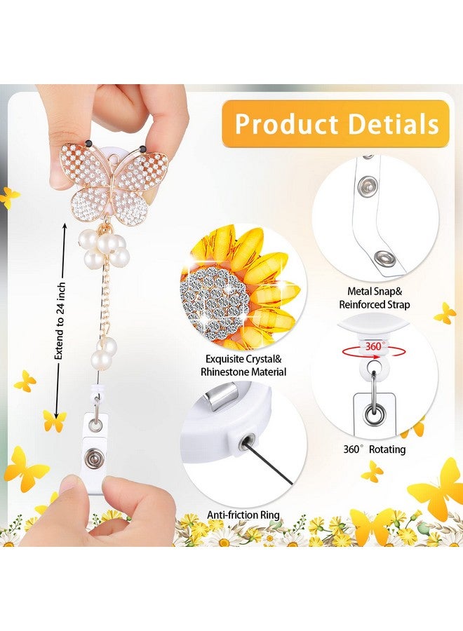 Chinco 6 Pcs Rhinestone Retractable Nurse Id Badge Reel Holder With Clip Cute Bling Butterfly Bee Sunflower Animals Flower Name Badge Reel For Volunteer Doctors Teachers Students(Beautiful Style) - Image 3