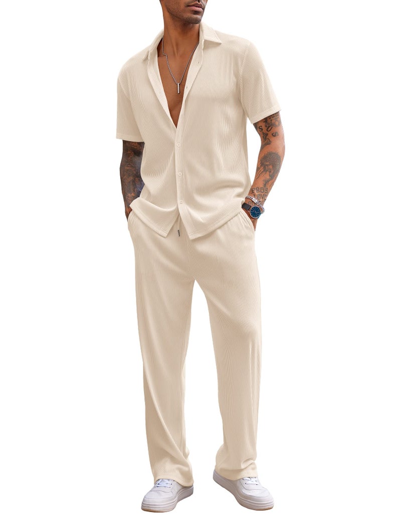 COOFANDY Men Outfits 2 Pieces Fashion Hip Pop Casual Button Down Shirts And Pants Sets - Image 1