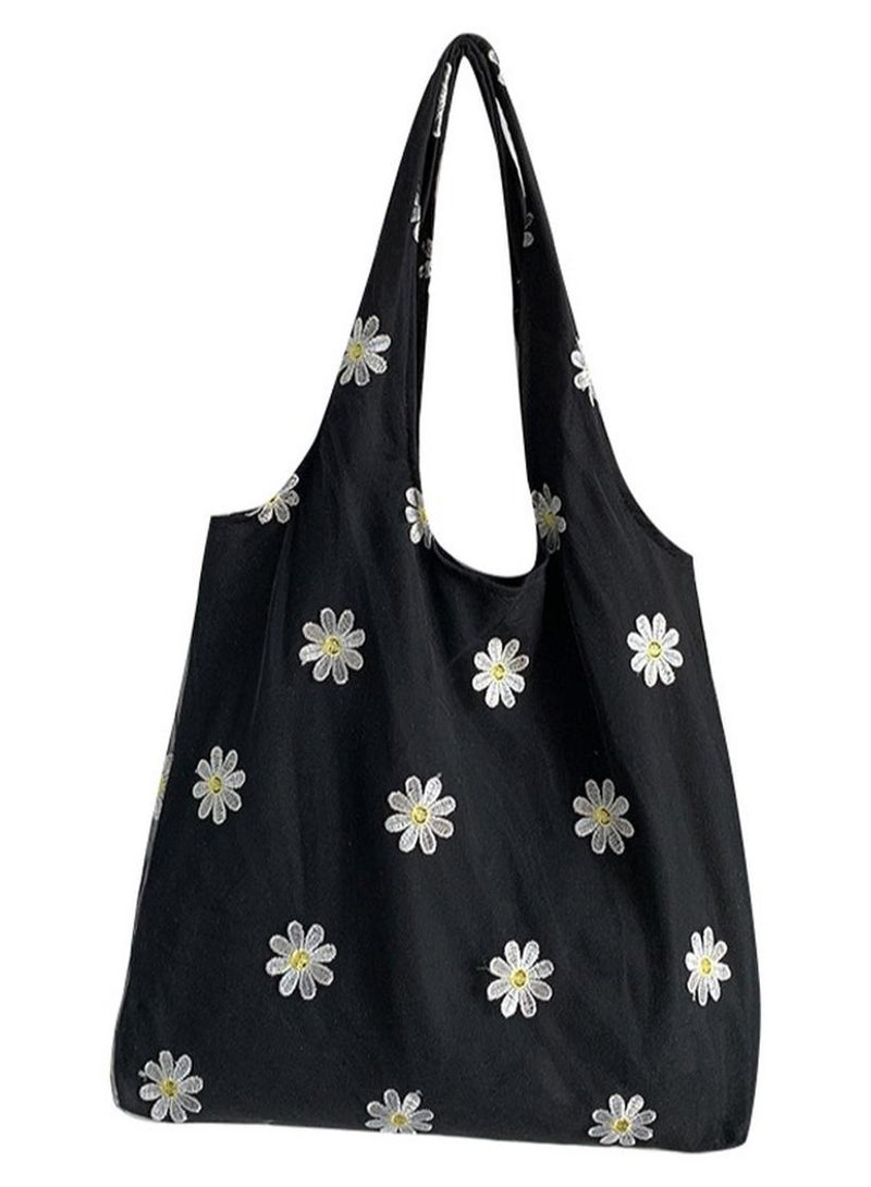 حقيبة كتف نسائية من القماش حقيبة يد للنساء ذات سعة كبيرة حقيبة دلو عصرية للسفر حقيبة كتف للسيدات والفتيات وطلاب الجامعات زهرة سوداء - Image 1