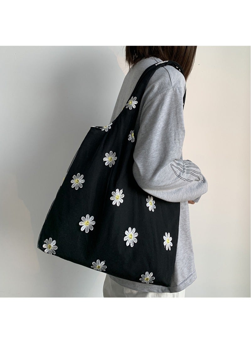 Women's Shoulder Tote Bag Canvas Handbag For Women Large Capacity Bucket Bag Fashionable Travel Messenger Shoulder Bag for Ladies Girls College Students Black flower  - Image 2