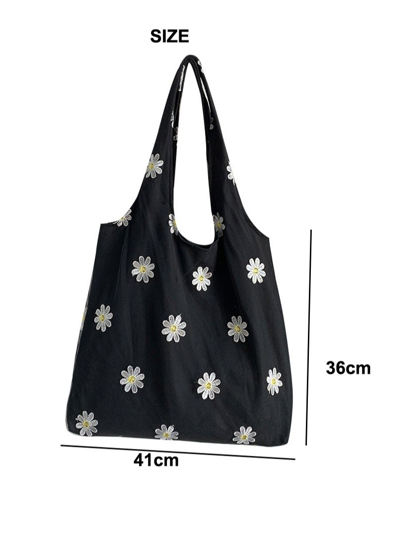 Women's Shoulder Tote Bag Canvas Handbag For Women Large Capacity Bucket Bag Fashionable Travel Messenger Shoulder Bag for Ladies Girls College Students Black flower  - Image 3