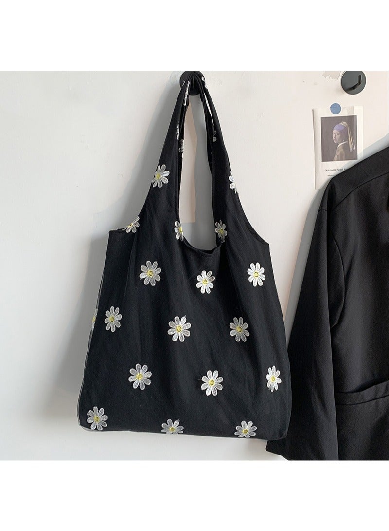 Women's Shoulder Tote Bag Canvas Handbag For Women Large Capacity Bucket Bag Fashionable Travel Messenger Shoulder Bag for Ladies Girls College Students Black flower  - Image 5