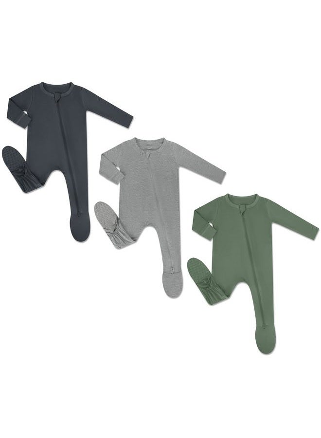 HAPIU Rayon from Bamboo Baby Footed Pajamas, 2 Way Zipper YKK, Footie for Baby Boy Girls, Newborn-24 Months, 3-Pack, Light Heather Grey&Dark Grey&Dark Forest Green, 0-3 Months - Image 1