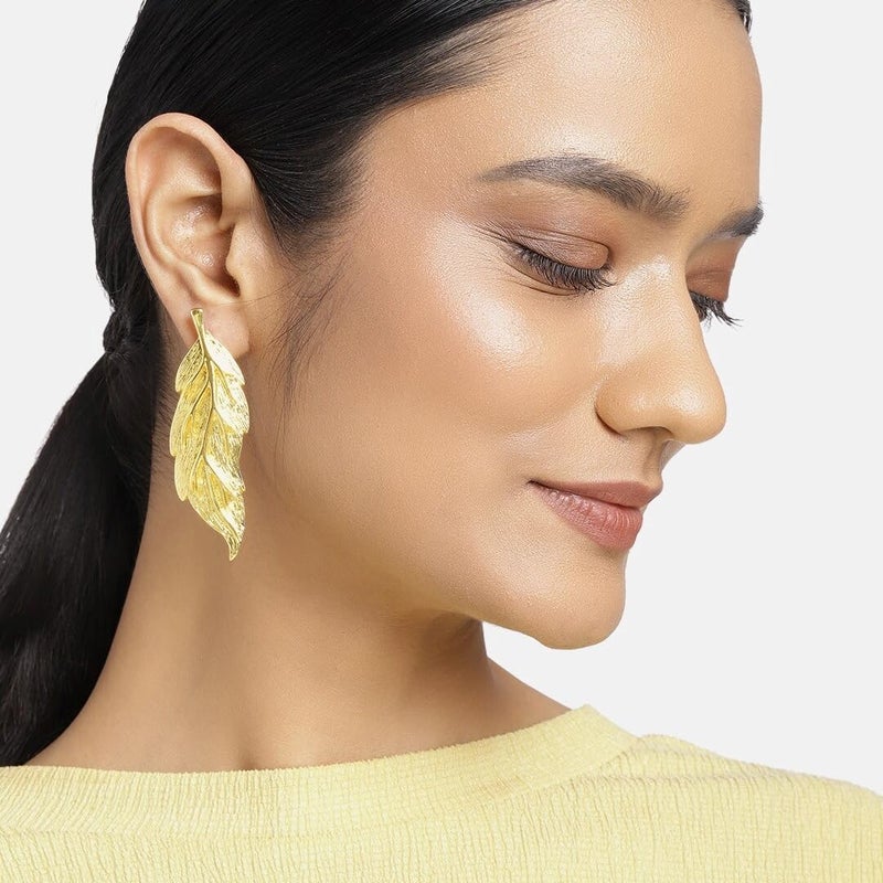 Estele Imitation Gold Tone Plated Metal Brass Leaf Model Earrings For Women - Image 2
