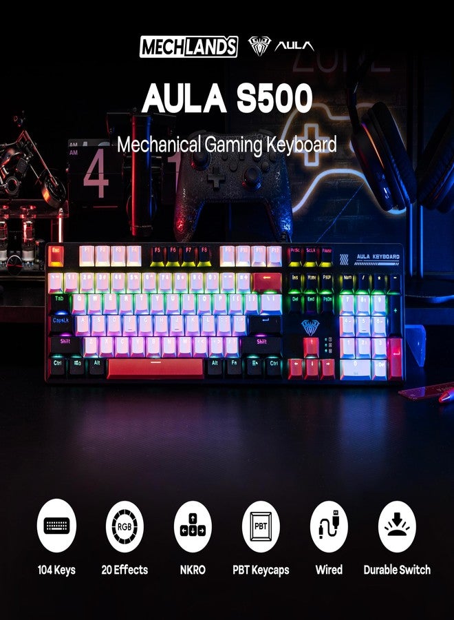 MechLands Aula S500 Wired Gaming Keyboard, 100% Full Size Mechanical Keyboard with Number Pad, 104 Keys, NKRO, RGB Backlits, Shine Through Keycaps, Ergonomic for PC E-Sports (Black&Red, Blue Switch) - Image 2