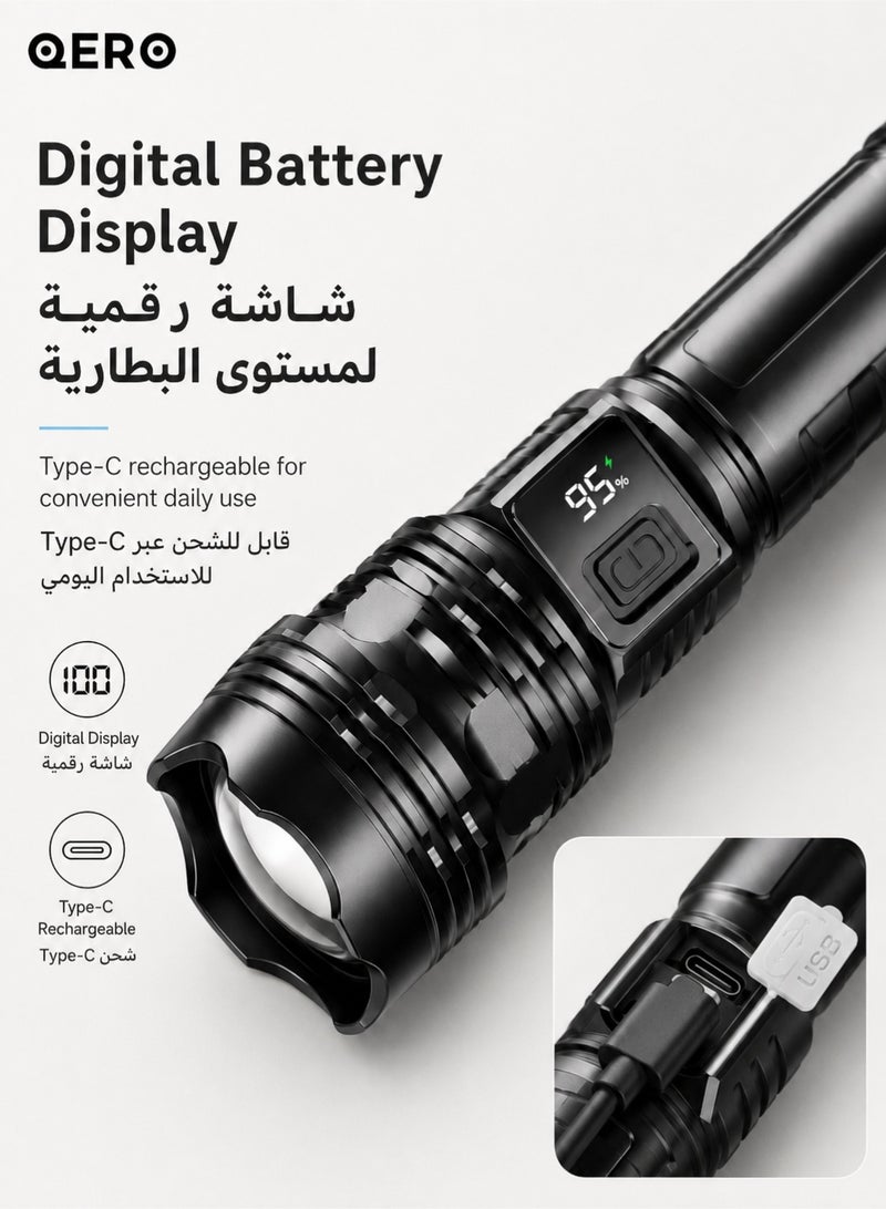 كيورو QERO مصباح يدوي LED قابل لإعادة الشحن، كشاف ألومنيوم قابل للتكبير مع شاشة رقمية للبطارية وشحن Type-C و5 أوضاع للتخييم والطوارئ، أسود - Image 5