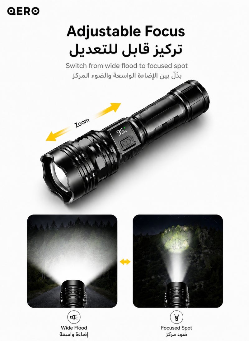 كيورو QERO مصباح يدوي LED قابل لإعادة الشحن، كشاف ألومنيوم قابل للتكبير مع شاشة رقمية للبطارية وشحن Type-C و5 أوضاع للتخييم والطوارئ، أسود - Image 4