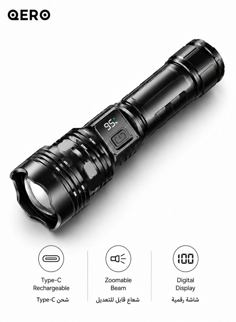 كيورو QERO مصباح يدوي LED قابل لإعادة الشحن، كشاف ألومنيوم قابل للتكبير مع شاشة رقمية للبطارية وشحن Type-C و5 أوضاع للتخييم والطوارئ، أسود - Image 1