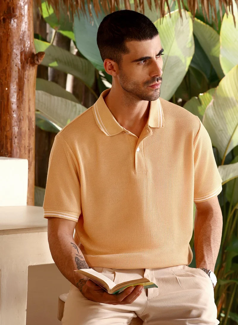 Men's Peach Plain/Basic T-Shirt For Casual Wear | Polo Collar | Short Sleeve | Button Closure | Polyester T-Shirt Crafted With Comfort Fit For Everyday Wear