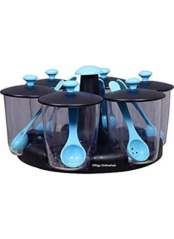 TOPHAVEN TOPHAVEN 360° Revolving Plastic Multi Purpose Aachar Pickle Container/Chutney/Mukhwas Tray/Masala Tray/Dining Spice Stand (Set of 6 Jar with Lid, 6 Spoon, 1 Tray, Multi Color)  - Image 1