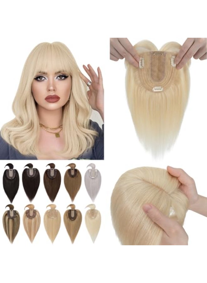 SEGO Hair Toppers for Women With Bangs Real Human Hair 130 Density 10 12CM Silk Base Clip in Top Wiglet Hairpieces for Thinning Hair14 Inch 60 Platinum Blonde - Image 1