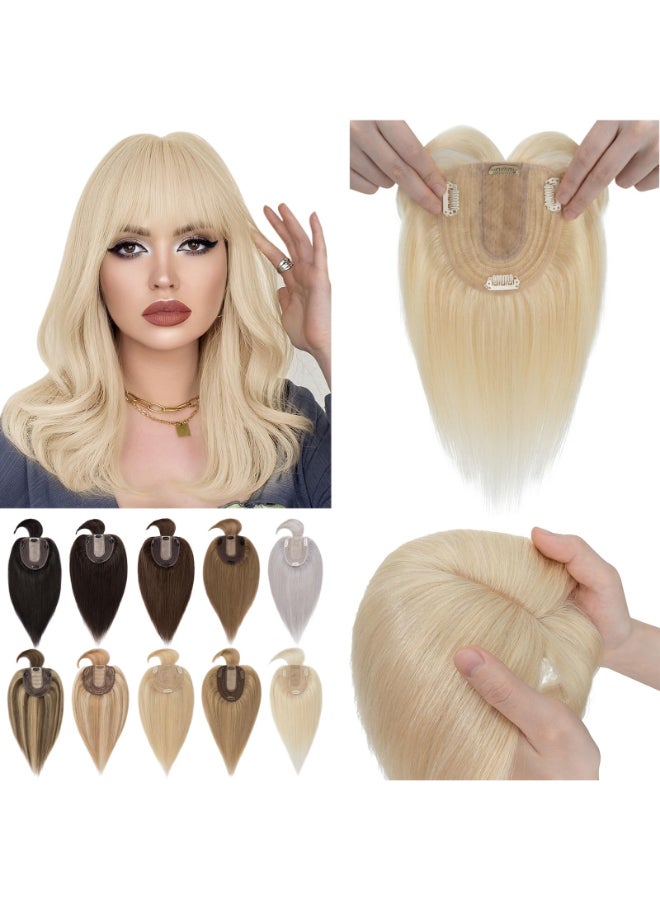SEGO Hair Toppers for Women With Bangs Real Human Hair 130 Density 10 12CM Silk Base Clip in Top Wiglet Hairpieces for Thinning Hair14 Inch 60 Platinum Blonde - Image 2