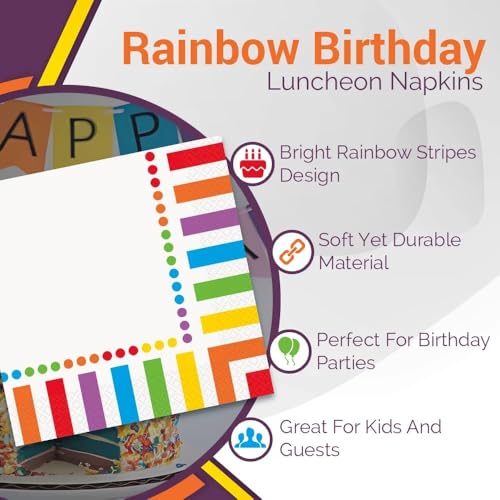 Unique Rainbow Birthday Luncheon Napkins - 16 Count, Elegant & Vibrant Design, Premium Paper Napkins For Parties & Events - Image 5