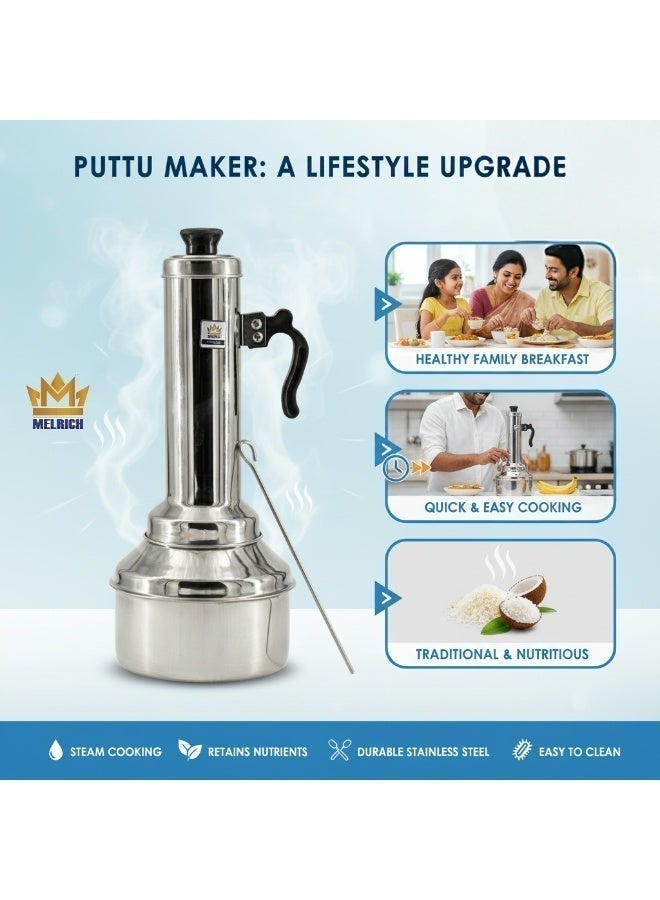 MELRICH Premium Stainless Steel Puttu Maker Puttu Kutti Set. Durable Mirror Finish Steamer with Pot & Holed Base. Rust-Resistant Traditional South Indian Breakfast Maker. Induction & Gas Stove Compatible - Image 4