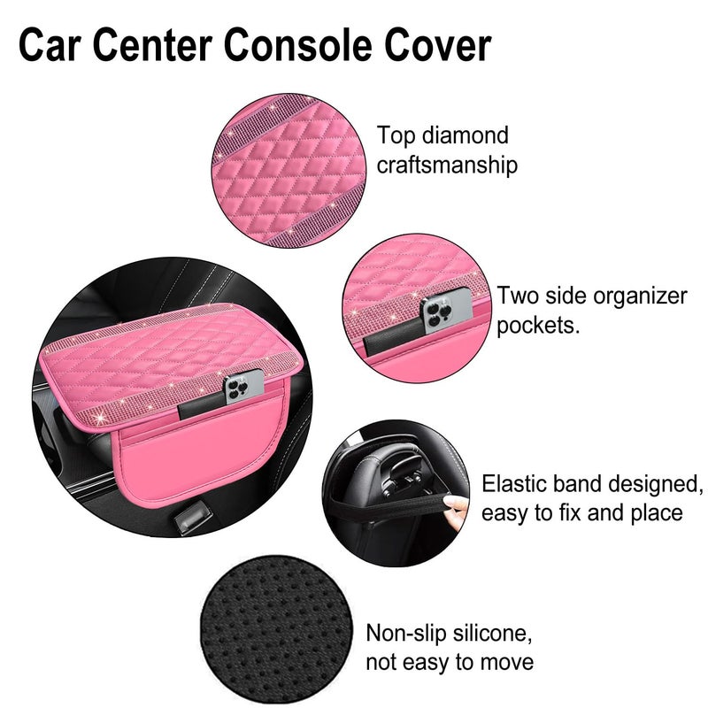 NBTEPEM Bling Pink Car Center Console Cover, Leather Car Arm Rest Cover with 2 Storage Bags, Universal Auto Armrest Protector Storage Box, Pink Bling Accessories Interior for Most Vehicles - Image 3