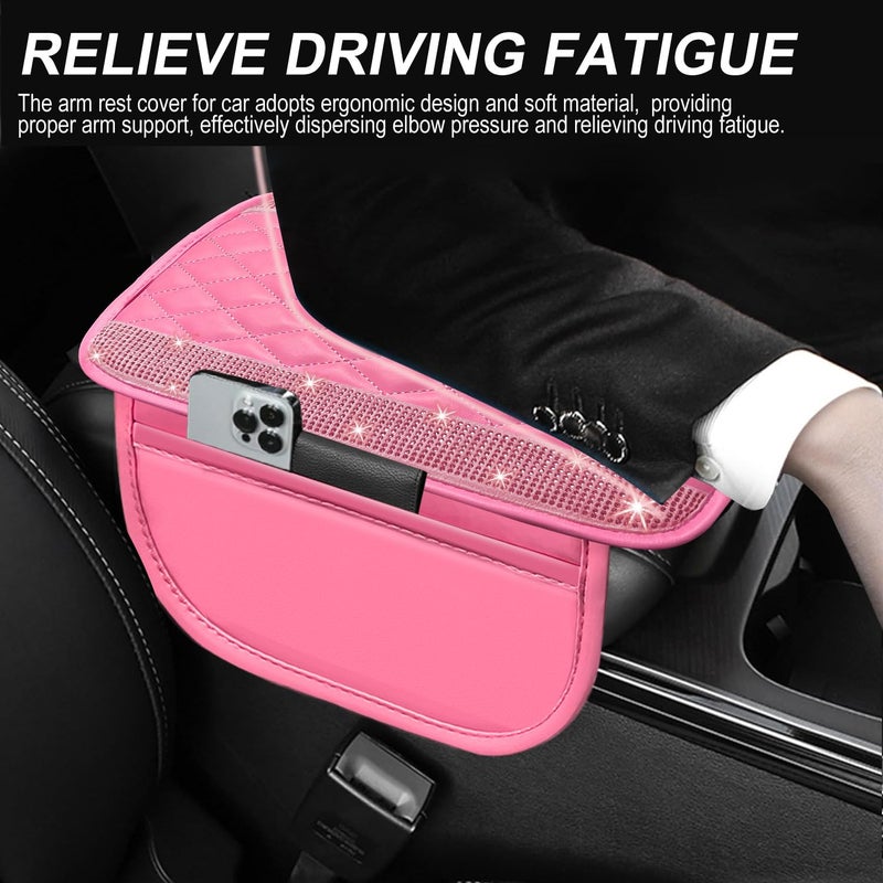 NBTEPEM Bling Pink Car Center Console Cover, Leather Car Arm Rest Cover with 2 Storage Bags, Universal Auto Armrest Protector Storage Box, Pink Bling Accessories Interior for Most Vehicles - Image 4