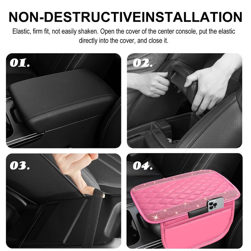 NBTEPEM Bling Pink Car Center Console Cover, Leather Car Arm Rest Cover with 2 Storage Bags, Universal Auto Armrest Protector Storage Box, Pink Bling Accessories Interior for Most Vehicles - Image 5