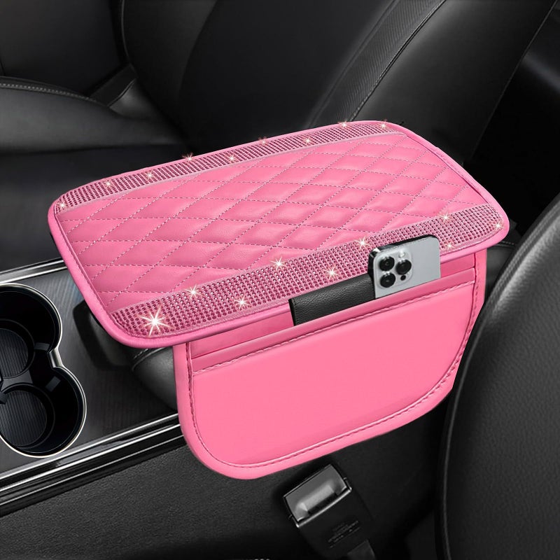 NBTEPEM Bling Pink Car Center Console Cover, Leather Car Arm Rest Cover with 2 Storage Bags, Universal Auto Armrest Protector Storage Box, Pink Bling Accessories Interior for Most Vehicles - Image 1