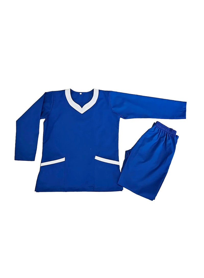 Elegant Long Sleeve Royal Blue Scrub Suit with White Accents–Professional and Comfortable