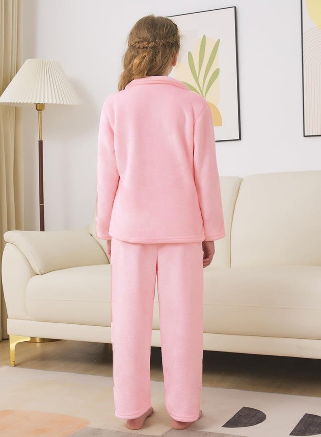 Schbbbta Girls' Fleece Button Down Pajamas, 2-Piece Warm Winter Fall Sleepwear Soft Tops Pants Pj Set for Kids,Baby Pink, 11-12 Years = Tag 160 - Image 5
