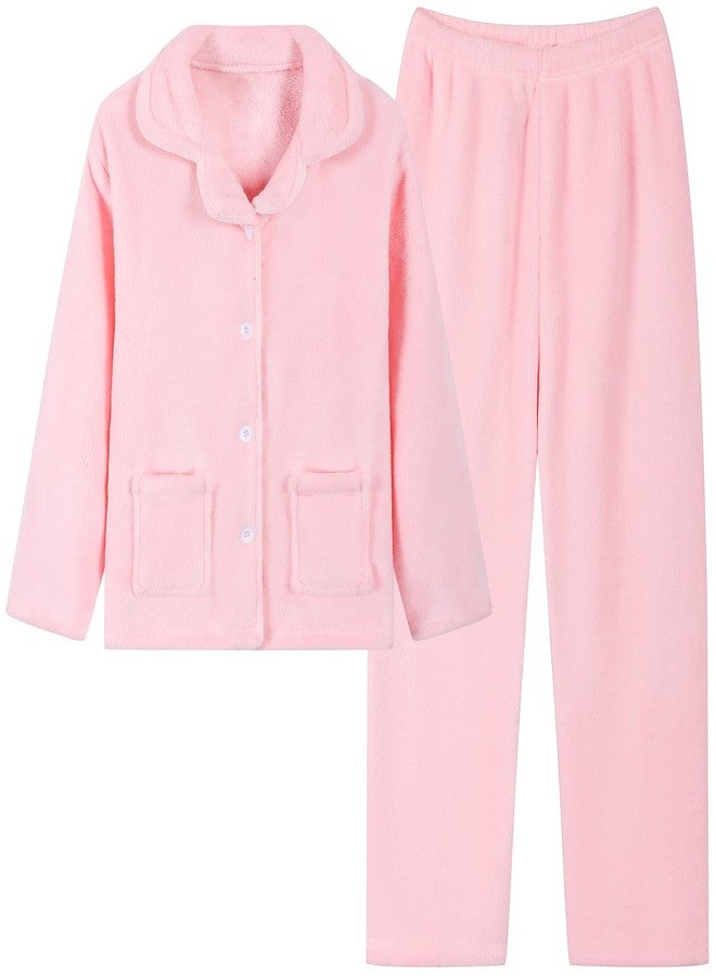Schbbbta Girls' Fleece Button Down Pajamas, 2-Piece Warm Winter Fall Sleepwear Soft Tops Pants Pj Set for Kids,Baby Pink, 11-12 Years = Tag 160 - Image 1